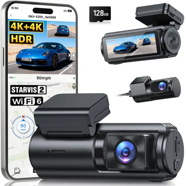 E200 4K+4K Dash Cam Front and Rear, STARVIS 2 Sensor, HDR Night Vision, 128GB SD Card
