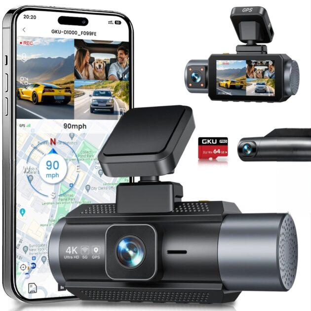 D1000 4K+1080P+1080P Dash Cam Front and Rear and Inside, 5.8GHz WiFi & App Control,64GB SD Card